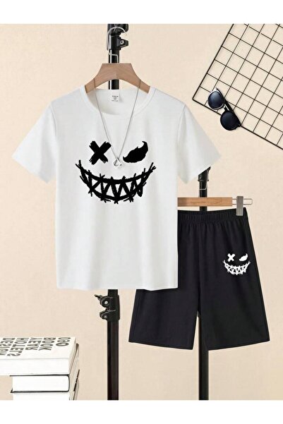 vinraus Girl\Boy White-Black X Smile Printed Shorts-Tshirt Set