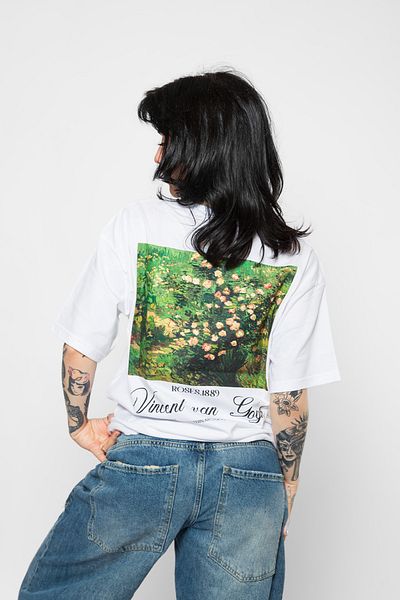Sekizbiraltı V. Van Gogh Roses Printed Oversize Unisex Λευκό Tshirt