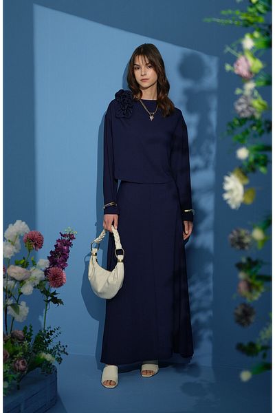 Fatma Atasoy Navy Blue Crepe Double Suit with Flounces on the Shoulder