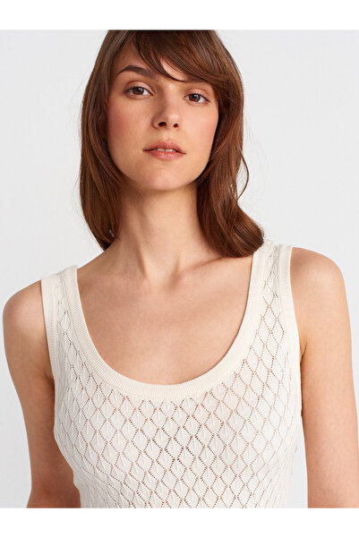 Dilvin 10749 Thick Straps Openwork Knitwear Blouse-Ecru