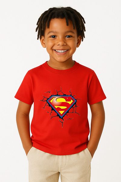 Trend Bebe Butik Boys Superhero Logo T-Shirt – Cotton, Short Sleeve, Summer, Colorful Print