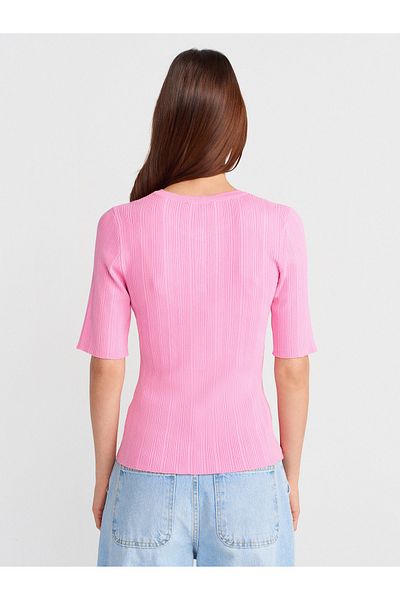 Dilvin 10731 Crew Neck Ribbed Buttoned Slim Knitwear Blouse-Dark Pink