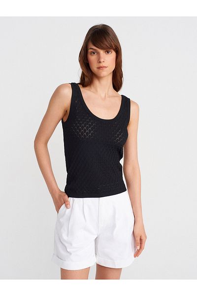 Dilvin 10749 Thick Strap Openwork Knitwear Blouse-Black