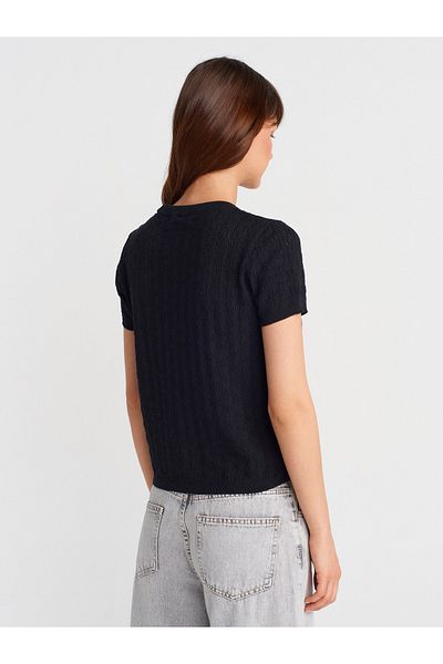 Dilvin 10760 Crew Neck Patterned Knitwear Blouse-Black