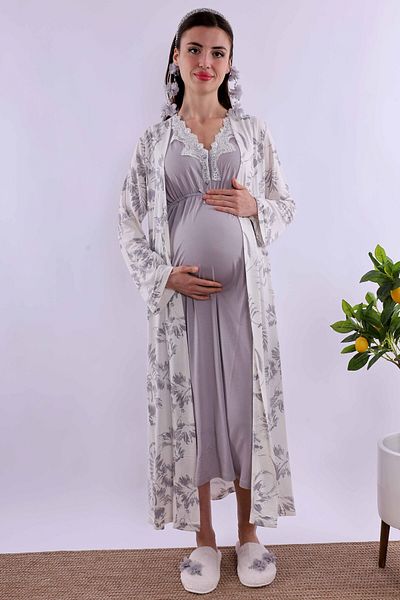 ByLohusa Effortt Gray Dressing Gown Maternity Nightgown Set Byl 280352