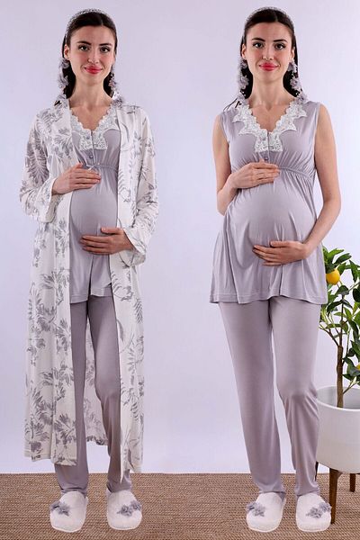 ByLohusa Effortt Gray Maternity Pajama Set with Dressing Gown Byl 280342
