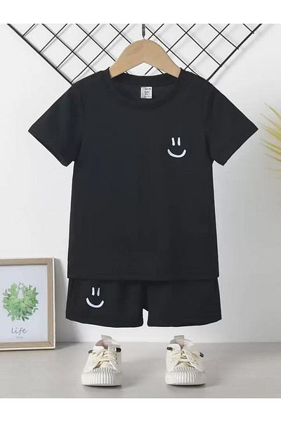 vinraus Girl\Boy Navy Blue Minimal Smile Back and Front Printed Shorts-Tshirt Set
