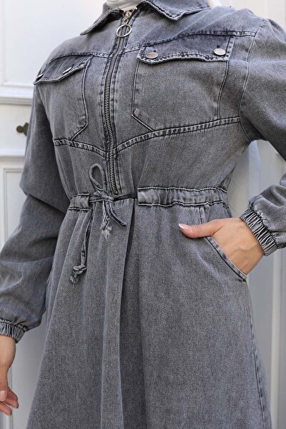 benguen Belted Lace-Up Pocket Denim Dress Gray 6116