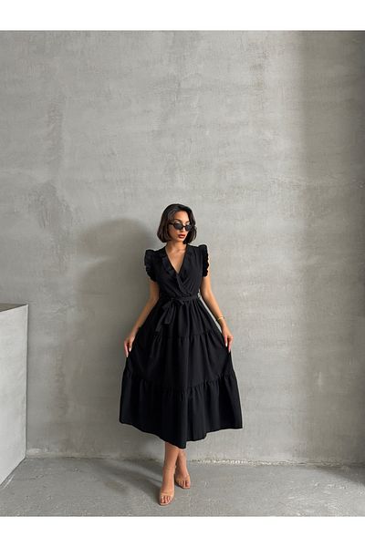 BEJNA Women's Black Flounce Double Breasted Collar Dress