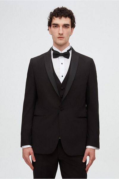 Twn Slim Fit Black Plain Groom Suit & Tuxedo Suit with Vest