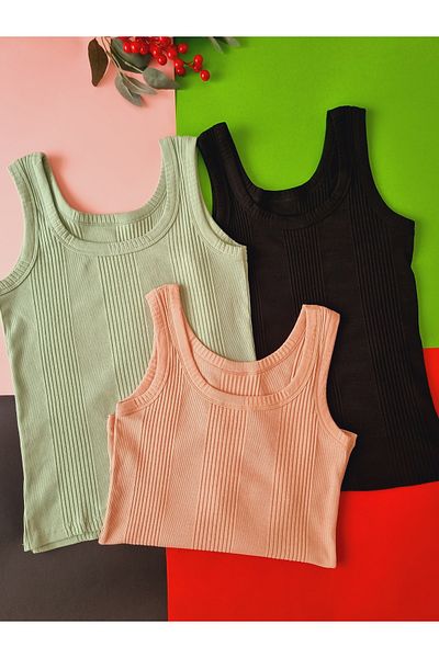 Demirsa Boutique Cotton Combed Camisole Fabric Thick Strap Oval Collar Green, Powder, Black Color Women's Undershirt 3 Pack
