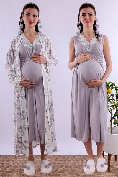 ByLohusa Effortt Gray Dressing Gown Maternity Nightgown Set Byl 280352