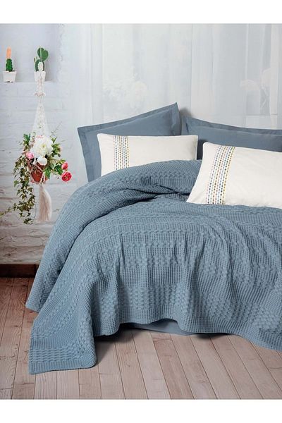 Cotton Box Cottonbox Single Elastic Sheet Pique Set Aura Pebble Indigo