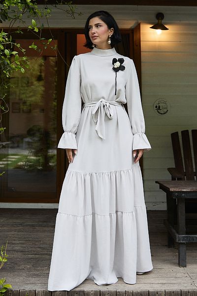 InStyle Πέτρινο φόρεμα με λουλούδια με λεπτομέρεια και ζώνη