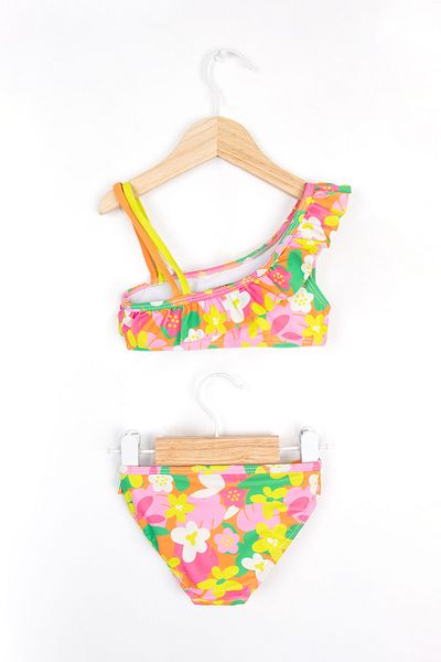 LOSAN Colorful Floral Print One Shoulder Ruffled Two Piece Quick Dry Bikini Stretchy Fabric Girls' Swimsuit