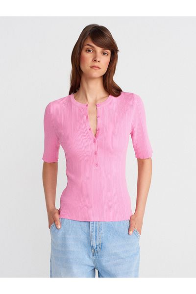 Dilvin 10731 Crew Neck Ribbed Buttoned Slim Knitwear Blouse-Dark Pink