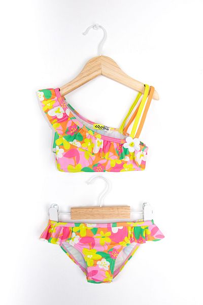 LOSAN Colorful Floral Print One Shoulder Ruffled Two Piece Quick Dry Bikini Stretchy Fabric Girls' Swimsuit