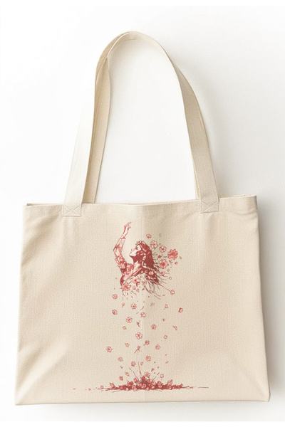 Mrey Vase Woman Baskılı Kanvas Bez Çanta, Kırmızı Çiçekli, Körüklü, Tote Bag,...