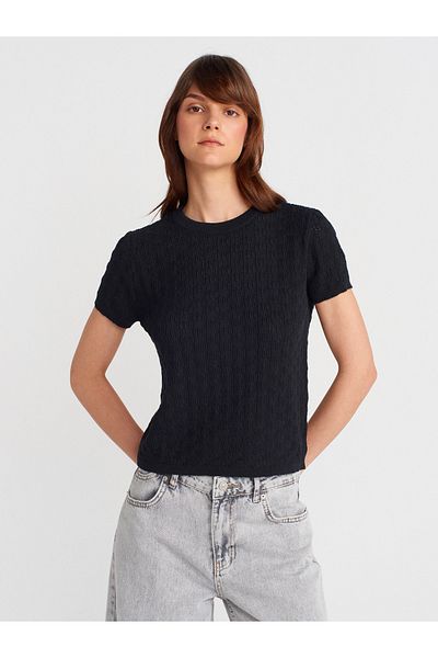 Dilvin 10760 Crew Neck Patterned Knitwear Blouse-Black