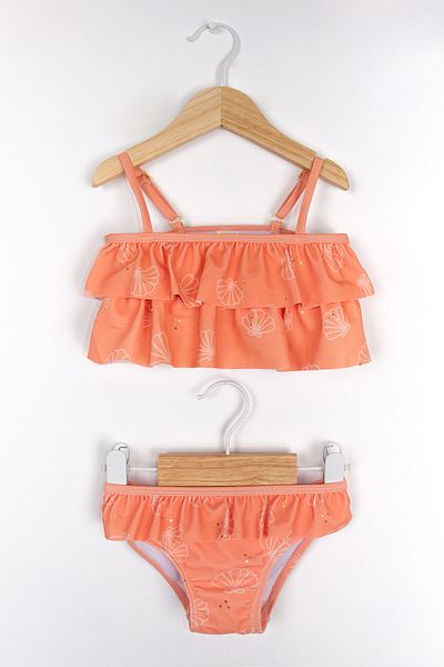 LOSAN Seashell Print Ruffled Strappy Top and Bottom Soft Stretchy Fabric Girls Swimsuit