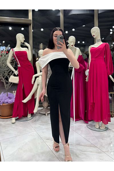 missswans Βραδινό φόρεμα Strada One Shoulder Λεπτομερές Midi Μήκος Μαύρο Λευκό