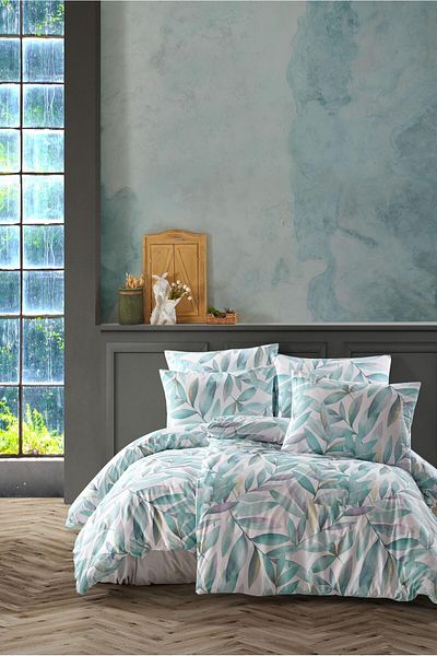 Story home Textile Set de lenjerie de pat dublă Story Home 100% bumbac Ranforce 144TC, husă pilotă 4 piese 200x220cm Alicia Green