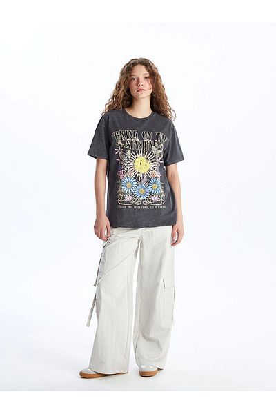 LC Waikiki Tricou XSIDE Antracit cu mânecă scurtă imprimat cu decolteu pentru femei