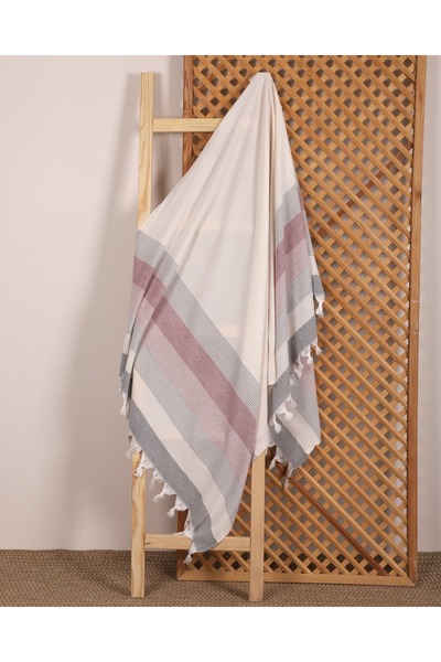 Lio20 Prosop de plajă Peshtemal-Crem Burgundy-Bumbac-Autentic-100X180 Dimensiune