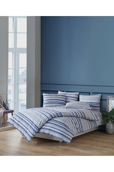 Story home Textile Set de lenjerie de pat dublă Story Home 100% bumbac Ranforce 144TC, husă pilotă 4 piese 200x220 cm Linie Albastru
