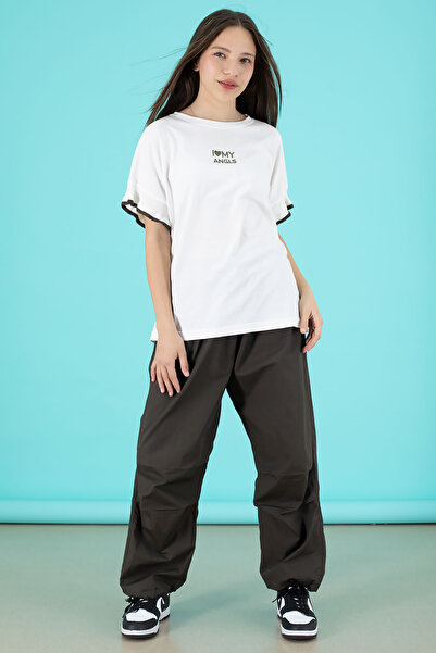 Cansın Mini Khaki Written Oversize T-Shirt with Parachute Pants Girl's Suit 20296