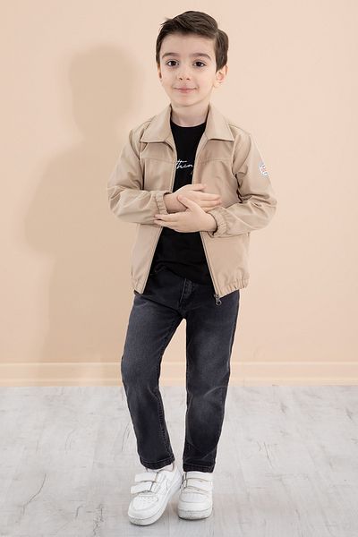 Cansın Mini Boy's Coffee Back Printed Zippered Jacket Trousers 3 Piece Set 20282