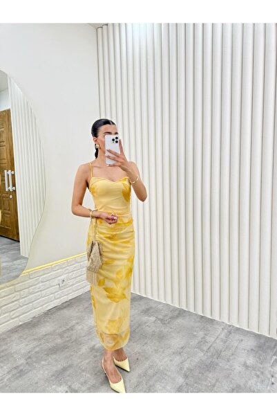 Gaus Sarı Çiçek Baskılı Astarlı Ayarlanabilir Askılı Tül Elbise Gaus00291