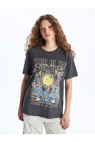 LC Waikiki Tricou XSIDE Antracit cu mânecă scurtă imprimat cu decolteu pentru femei