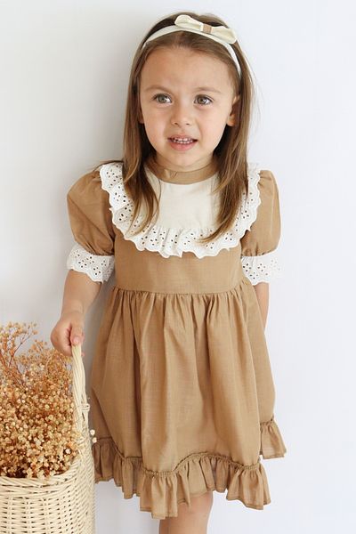 Parla Kids Girl's Brown Ruby Frilly Lace Detailed Short Sleeve Dress Bandana Suit