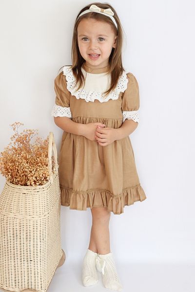 Parla Kids Girl's Brown Ruby Frilly Lace Detailed Short Sleeve Dress Bandana Suit