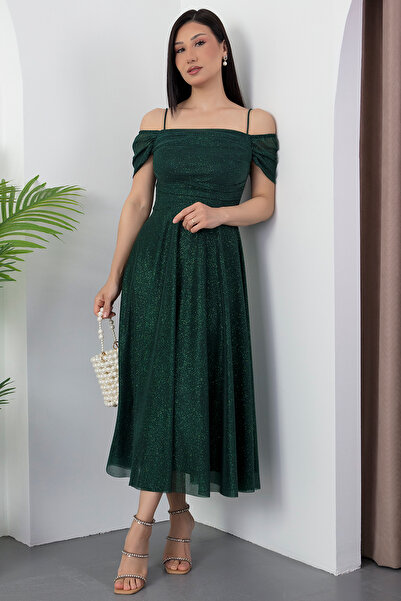 PULLIMM Square Neck Strap Glitter Tulle Dress 39976