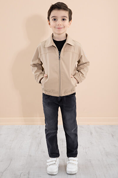 Cansın Mini Boy's Coffee Back Printed Zippered Jacket Trousers 3 Piece Set 20282