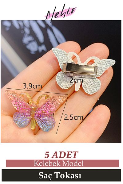 Nehir Set of 5 White Gradient Girls' Butterfly Buckles - Butterfly Mini Clamp Hair Clips with Padding Wings