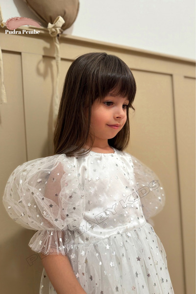 penu baby kids Beyaz Yıldız Desenli Fiyonklu Kısa Balon Kollu Kız Çocuk Kız Bebek Elbise - Star