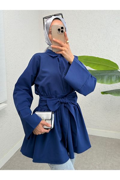 Modamorfo Half Buttoned Tunic with Tie Waist and Side Zipper - Navy