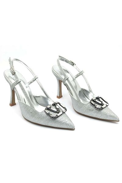 KOCAMANLAR Pantofi cu toc Feles cu cataramă în V cu spate deschis stiletto pentru femei SILVER