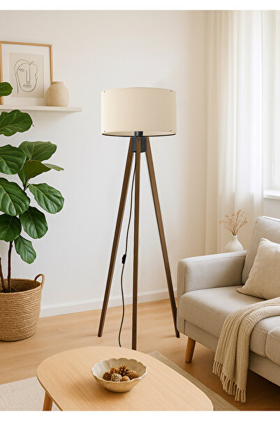HOMİNG Tripod Krem Rengi Başlıklı Ceviz Ayak Dekoratif Lambader
