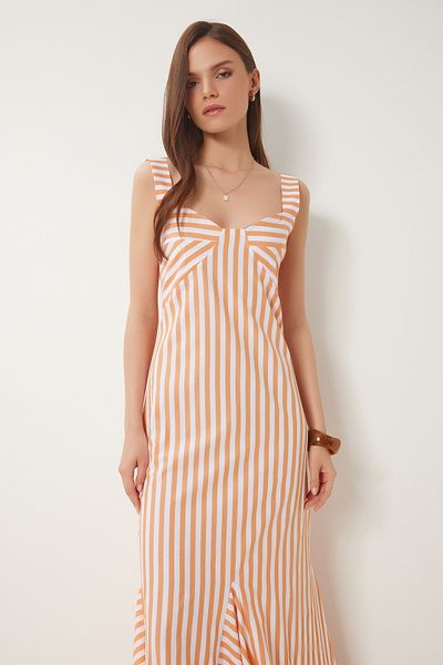 Lovelyİstanbul Rochie lungă de vară cu volan în dungi PEACH BONE LJH0002