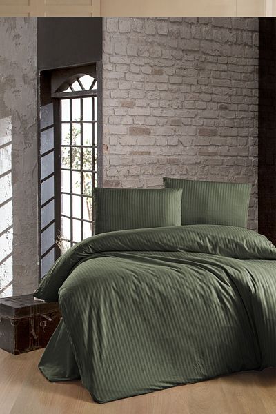 Story home Textile Set lenjerie de pat dublă Story Home 100% bumbac satinat 210 TC, husă pilotă 4 piese 200x220 cm Dungi Verde