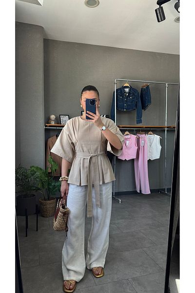 YOUR NAME Oversize Belted Ecru Linen Blouse
