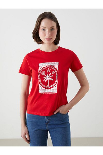 LC Waikiki Red Crew-Neck Printed Women's T-Shirt