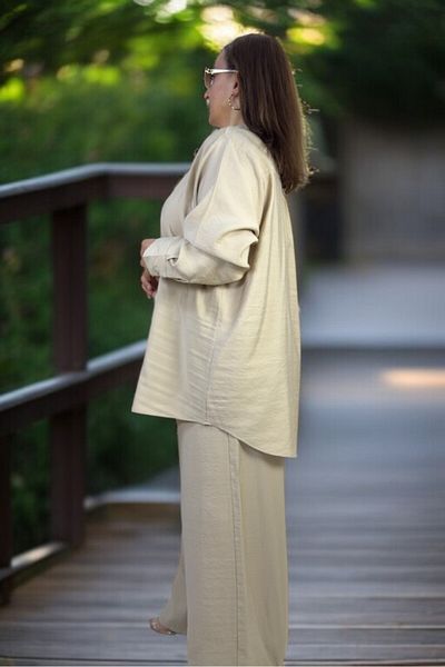 yagmurberen Front Buttoned Tunic Shirt Waist Elastic Pants Large Size Cotton Tnsel Fabric Double Set