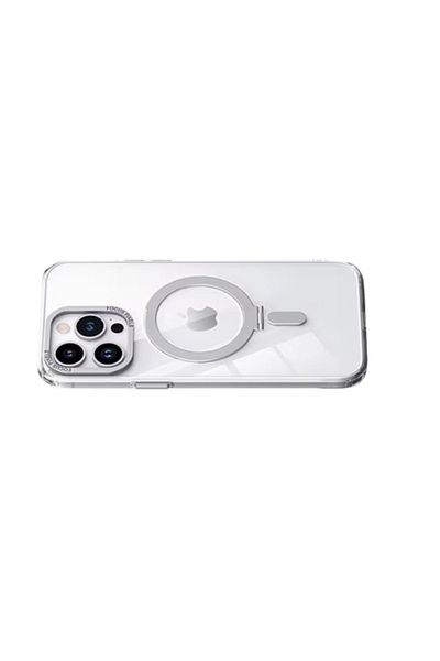 REDz Accessories Husă pentru iPhone 15 Pro Max, Magsafe, suport rotativ, magnetică, protecție metalică pentru cameră, argintie
