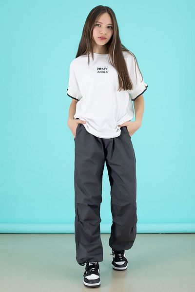 Cansın Mini Smoked Written Oversize T-Shirt with Parachute Pants Girl's Suit 20294