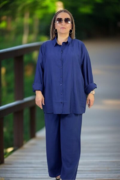 yagmurberen Front Buttoned Tunic Shirt Waist Elastic Pants Large Size Cotton Tnsel Fabric Double Set